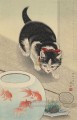 cat and bowl of goldfish 1933 Ohara Koson kitten